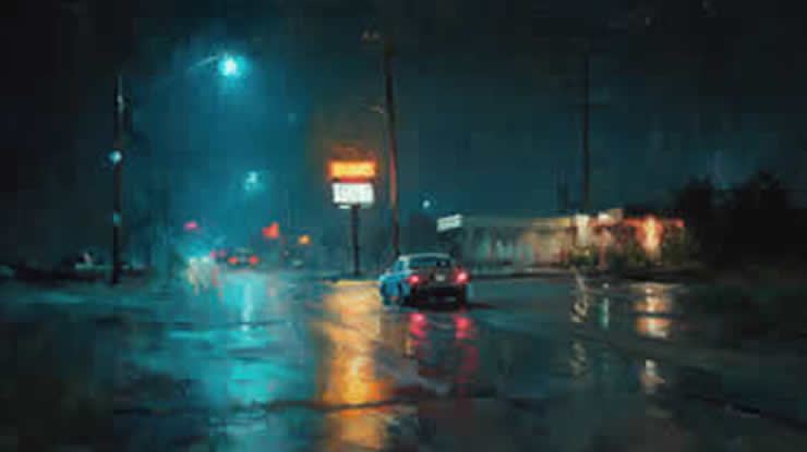 Illustration of a small town in the rain